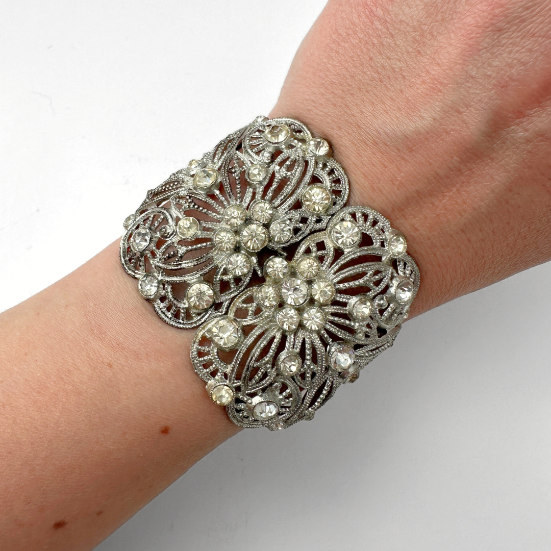 Repurposed Vintage silver rhinestone buckle cuff bracelet