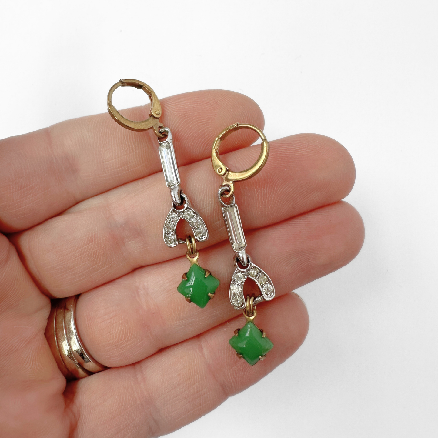 Refashioned vintage clear rhinestone deco earrings with jade green links