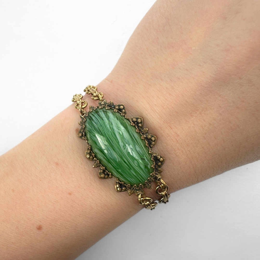Refashioned Vintage green swirled glass oval statement bracelet