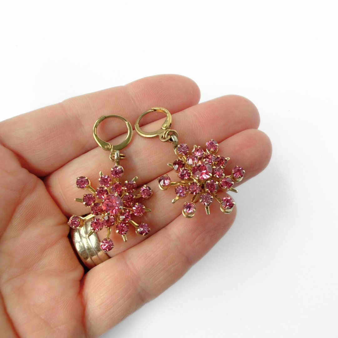 Refashioned vintage pink rhinestone sunburst earrings