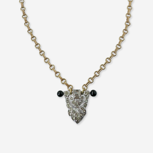 Vintage clear rhinestone and black deco pendant on brass chain