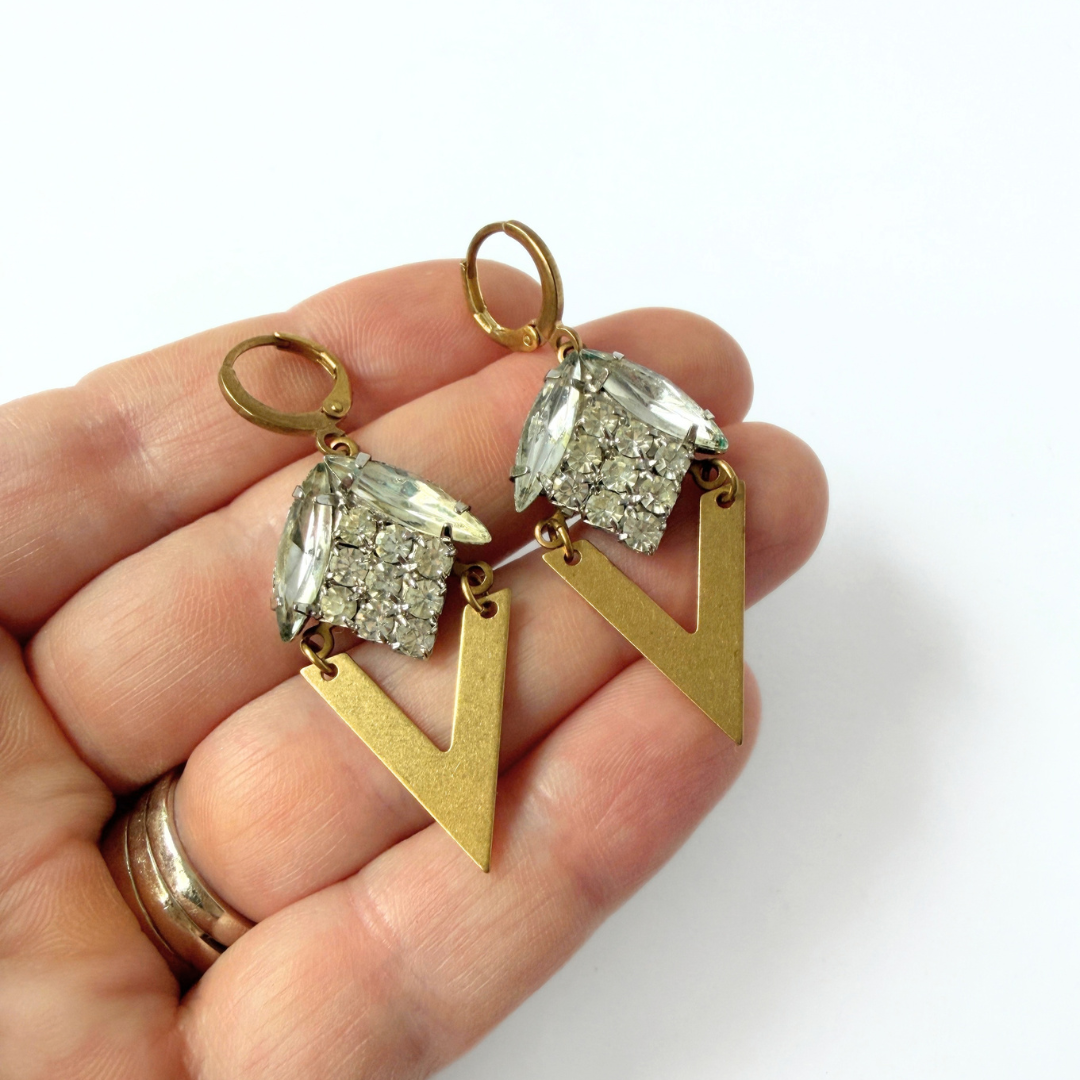Refashioned vintage clear rhinestone and V-shaped brass earrings