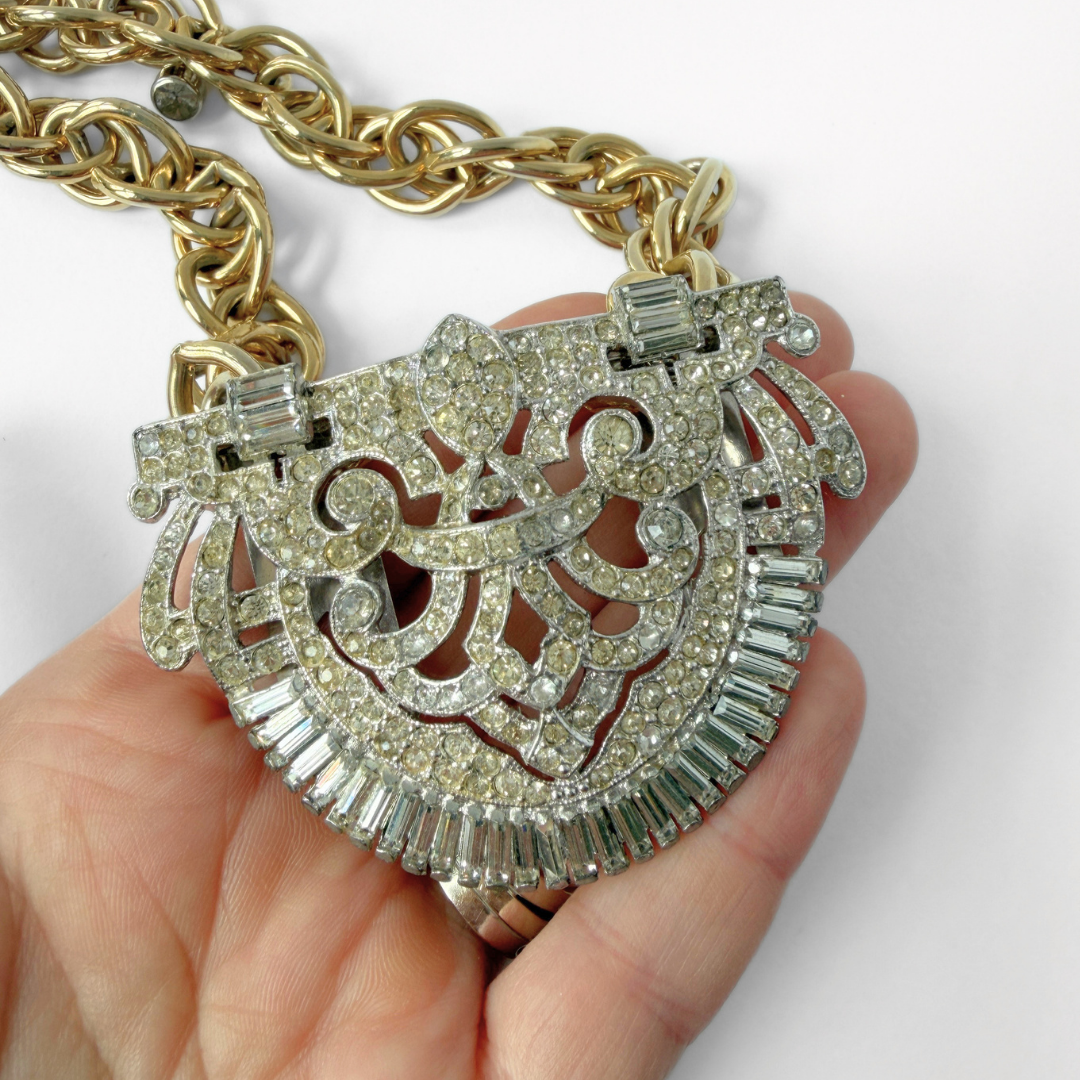 Refashioned Vintage XL clear rhinestone convertible pendant necklace