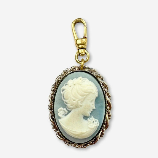 Vintage powder blue cameo charm with silver setting and brass swivel clasp