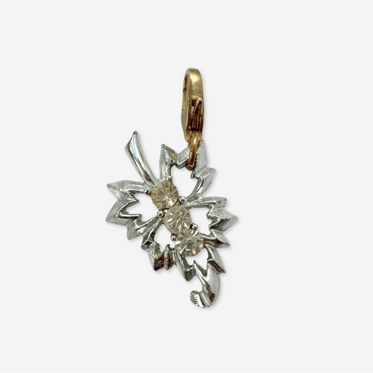Vintage silver and clear rhinestone leaf charm pendant