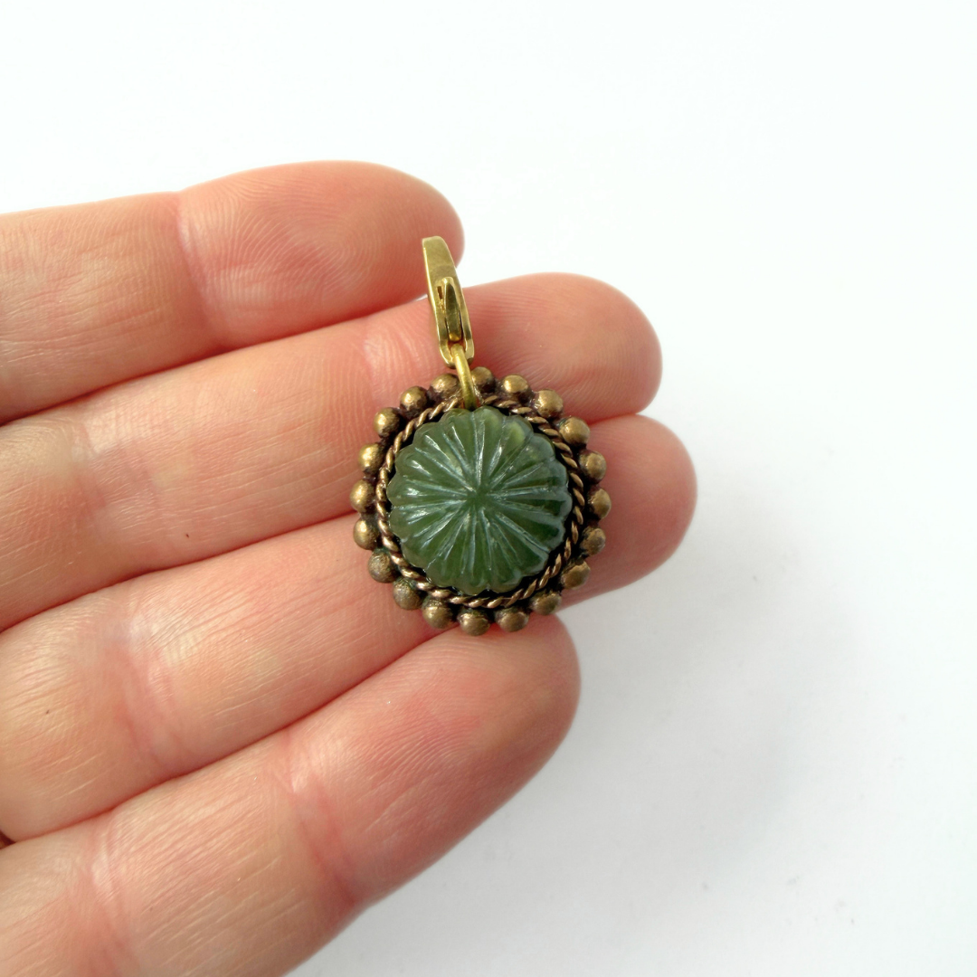 Refashioned Vintage carved green stone cabochon charm