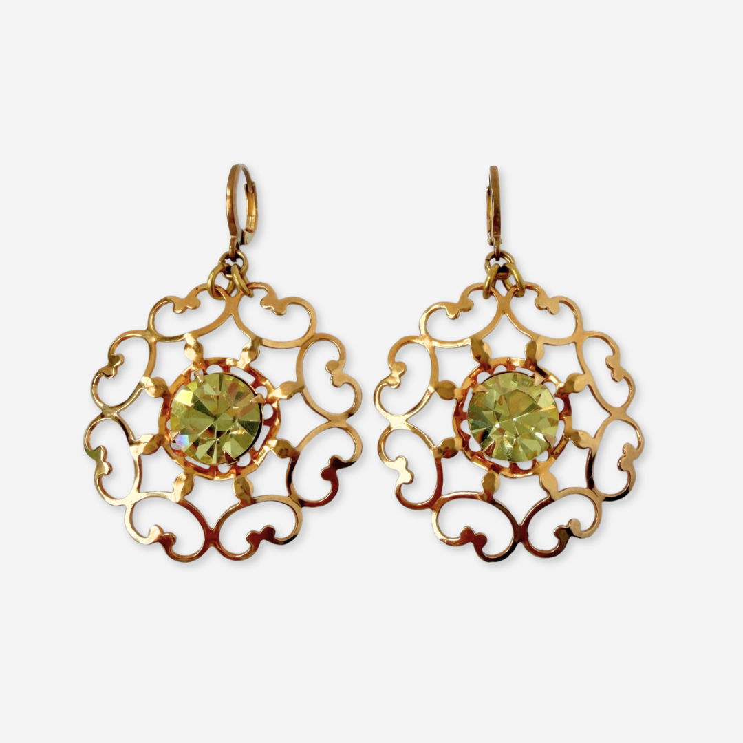 Vintage large gold plated openwork earrings with jonquil rhinestone center
