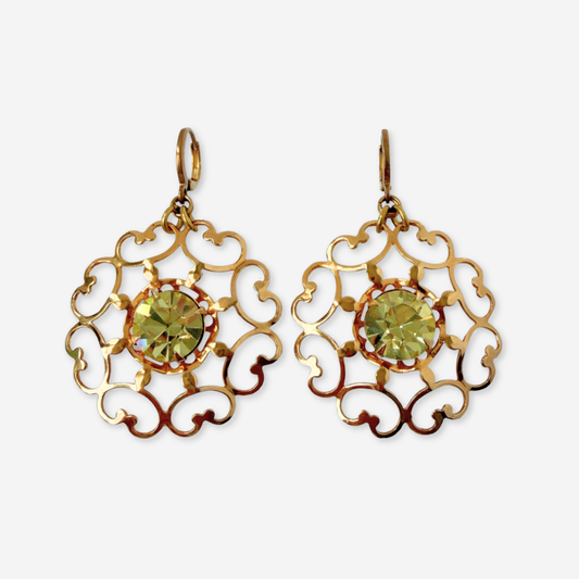 Vintage large gold plated openwork earrings with jonquil rhinestone center