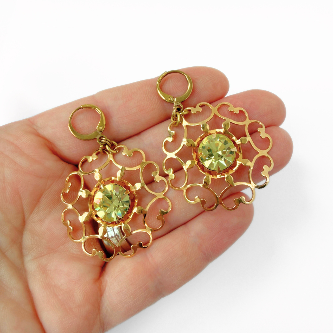 Vintage large gold plated openwork earrings with jonquil rhinestone center