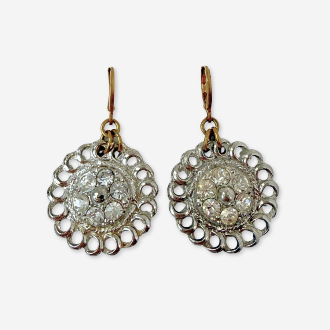 Refashioned vintage clear rhinestone and silver circular earrings