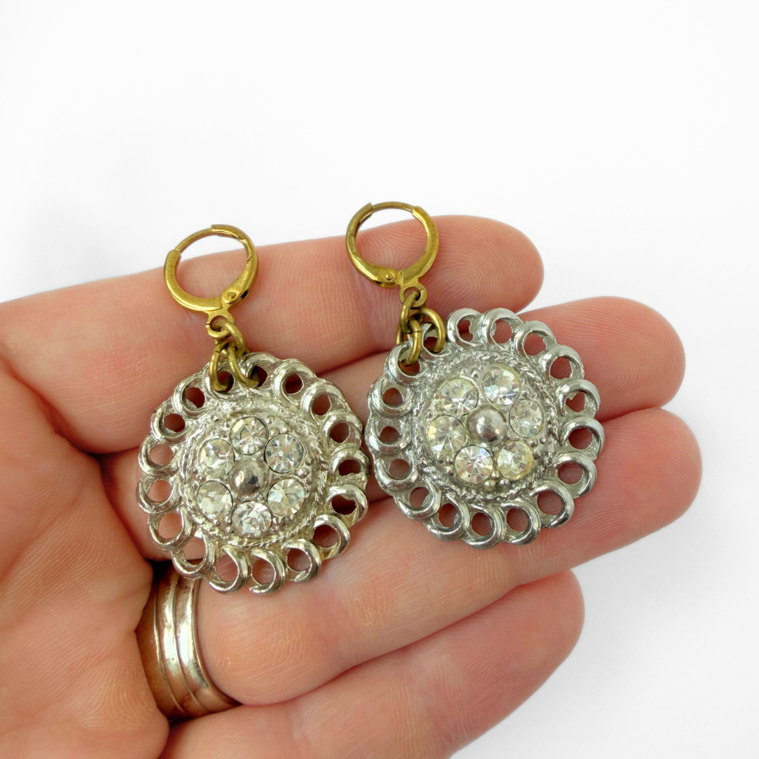 Refashioned vintage clear rhinestone and silver circular earrings