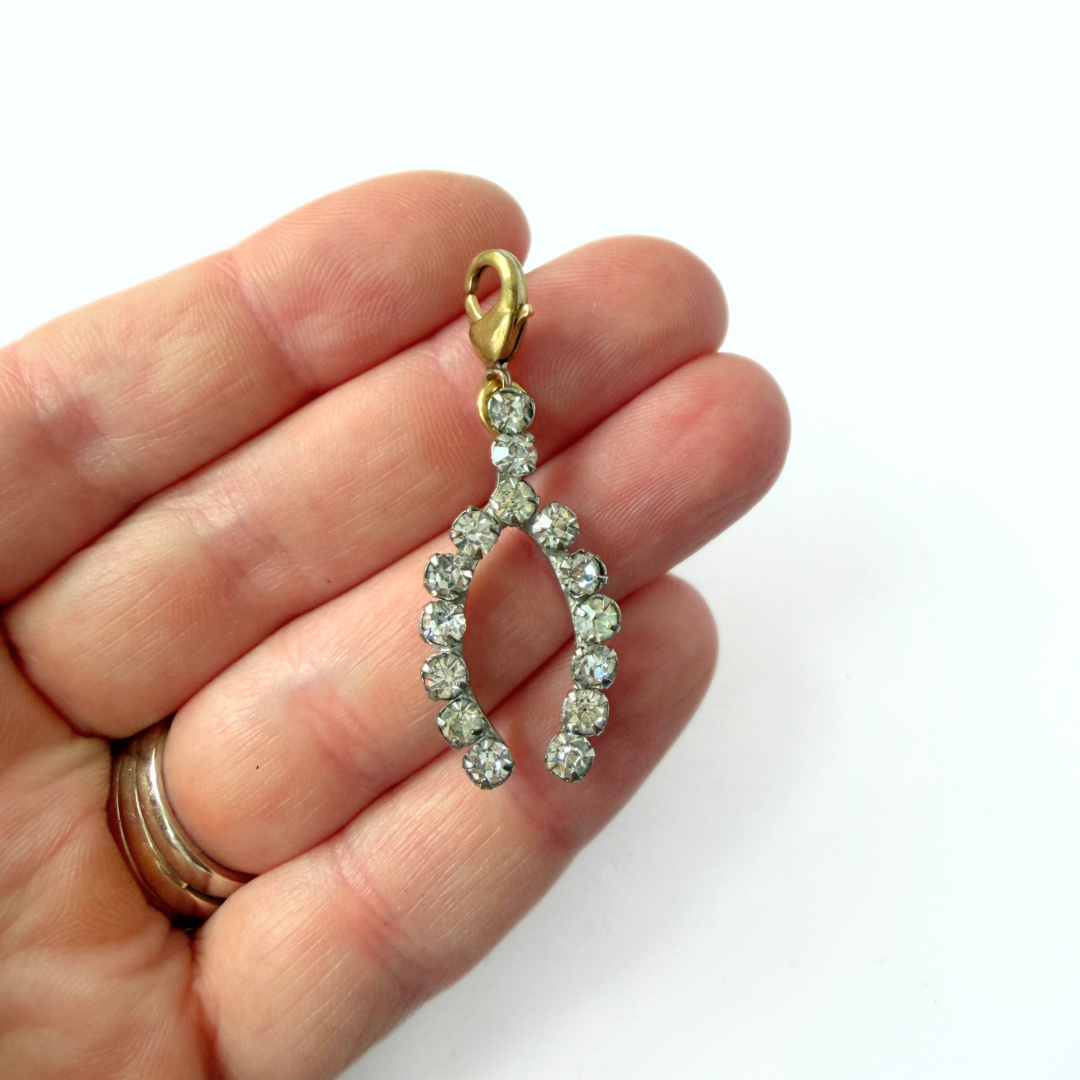 Refashioned vintage clear rhinestone wishbone charm
