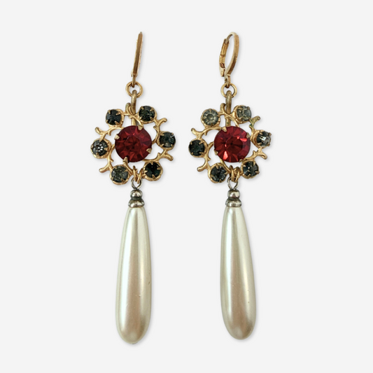 Refashioned vintage red rhinestone and pearl teardrop earrings