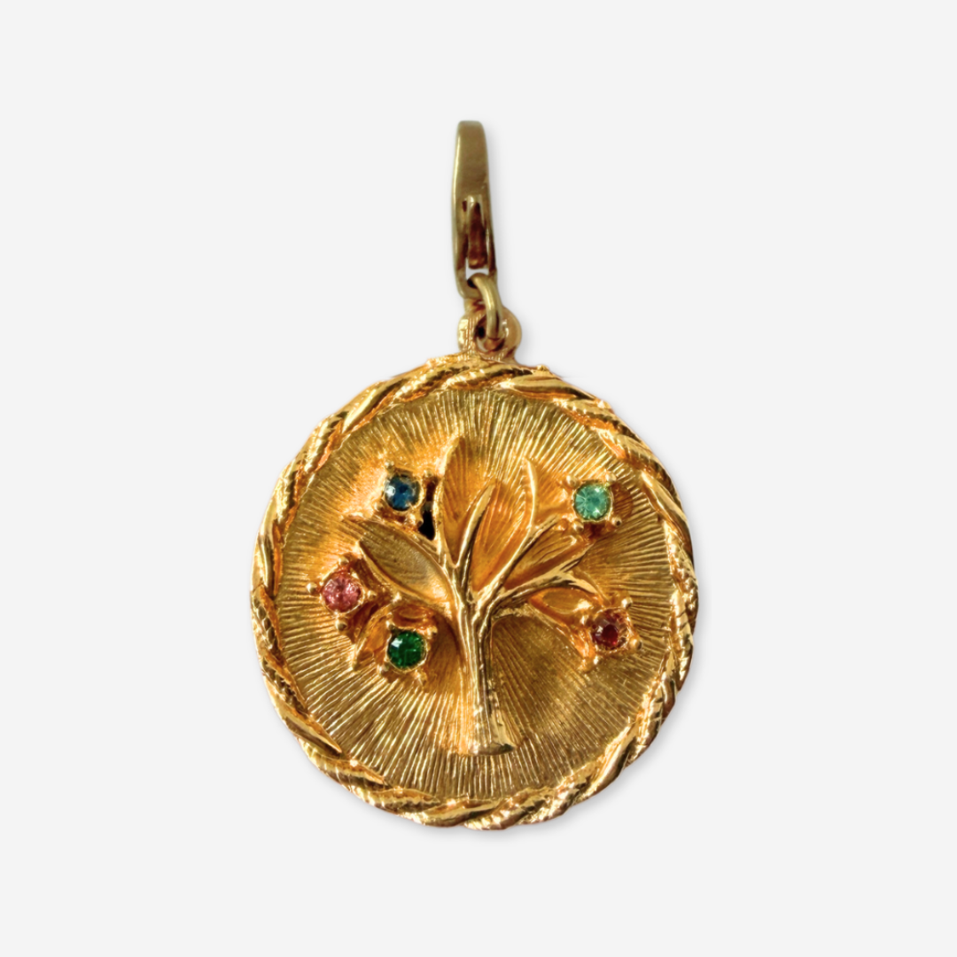 Vintage large gold and rhinestone Tree of Life circular pendant