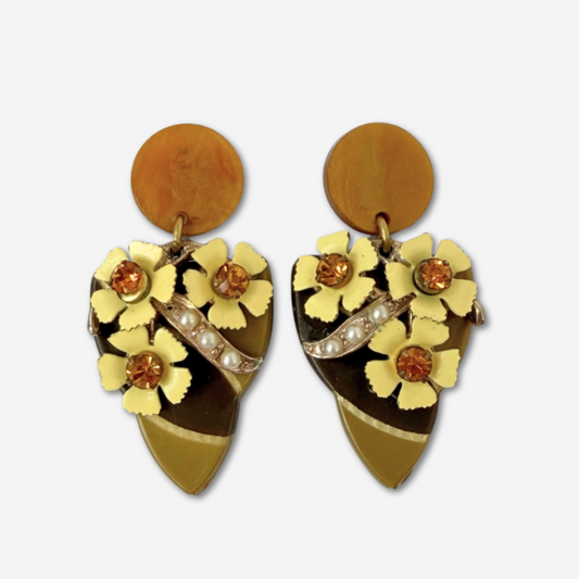 Refashioned Vintage brown and yellow floral assemblage earrings