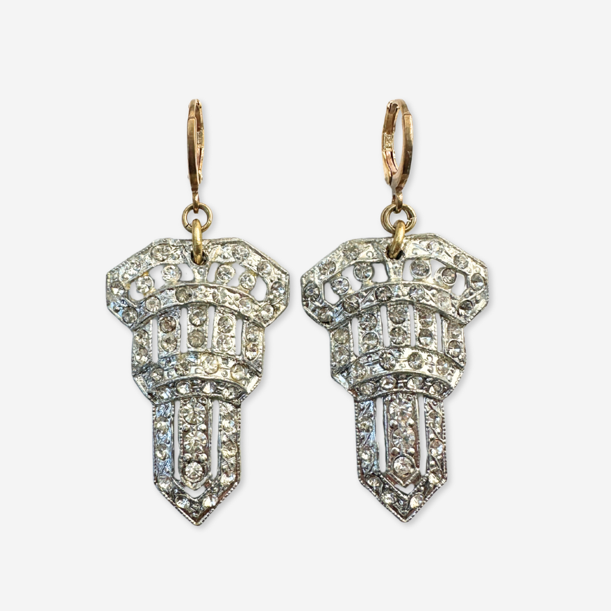 Vintage large Art Deco silver and rhinestone statement earrings