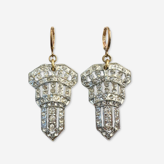 Vintage large Art Deco silver and rhinestone statement earrings