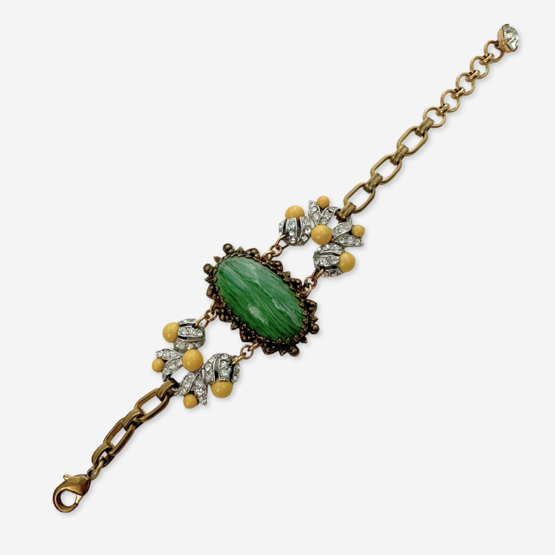 Refashioned Vintage green swirled glass oval statement bracelet