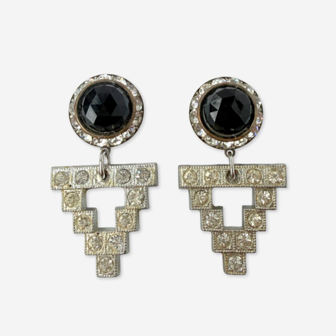 Refashioned clear rhinestone and black deco statement earrings