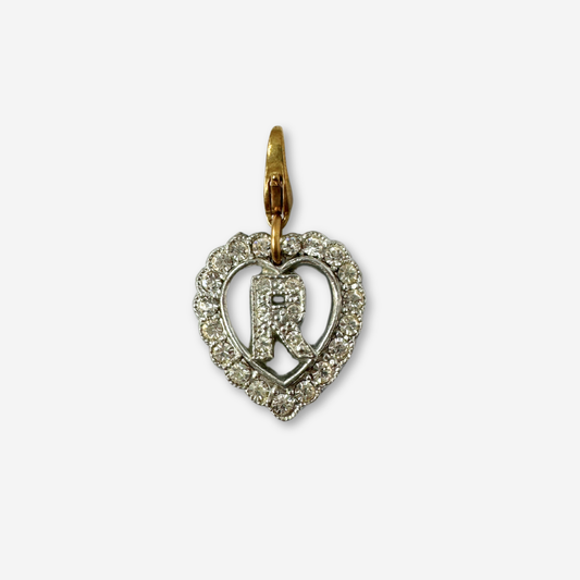 Vintage silver and clear rhinestone letter "R"  heart charm