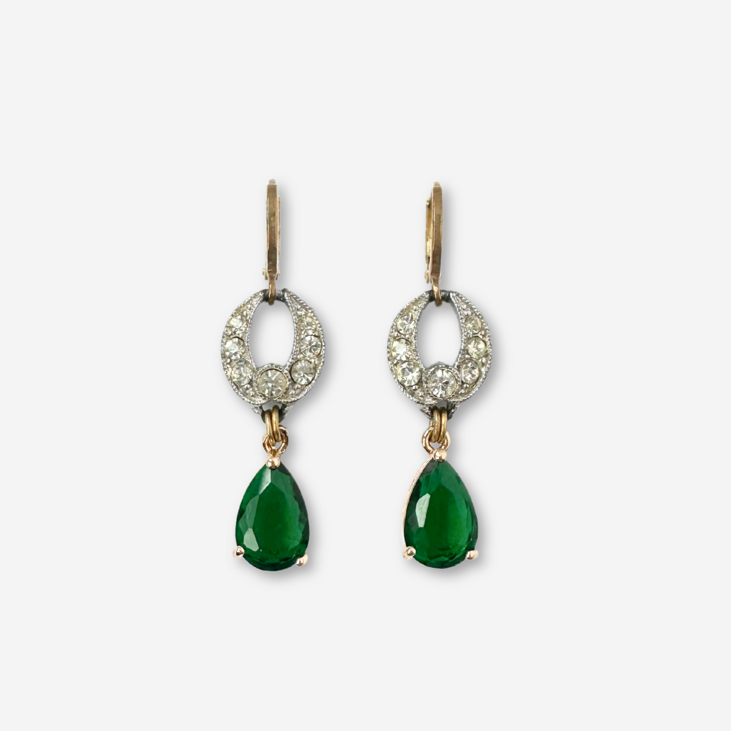 Repurposed vintage clear rhinestone link earrings with emerald green teardrop