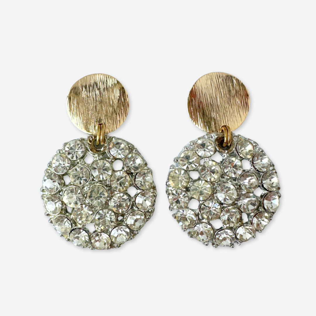 Large vintage clear rhinestone button earrings with gold circular posts