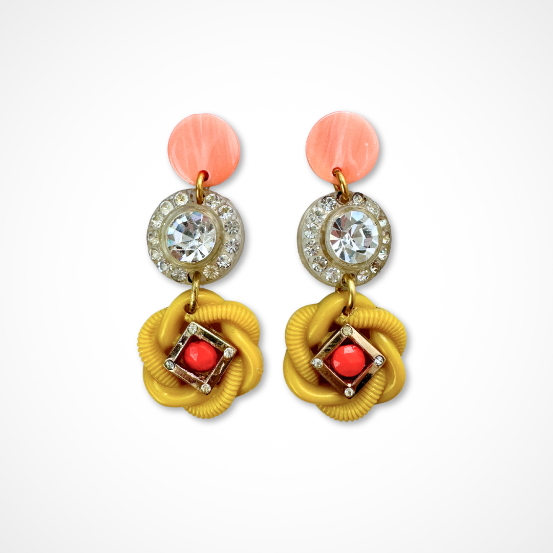 Yellow, pink, and red vintage refashioned rhinestone assemblage earrings