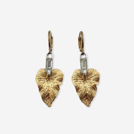 Refashioned vintage clear rhinestone earrings with brass leaf drop