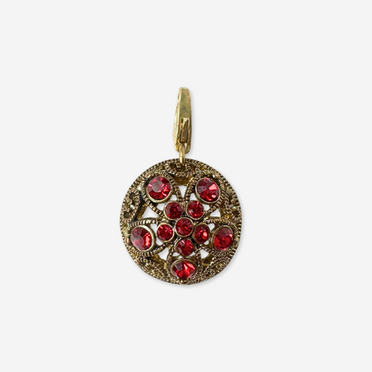 Vintage red rhinestone and antique gold filigree button charm