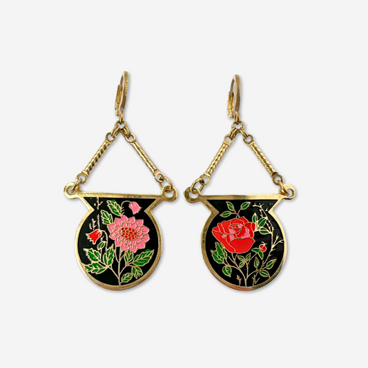 Refashioned vintage black, red, and pink mismatched enamel floral earring