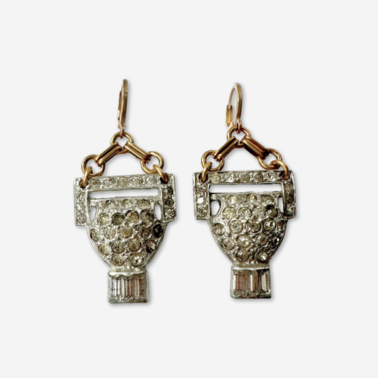 Vintage Art Deco silver and rhinestone earrings with brass leverback clasps