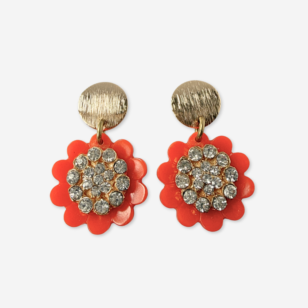 Refashioned vintage layered orange flower and rhinestone button earrings