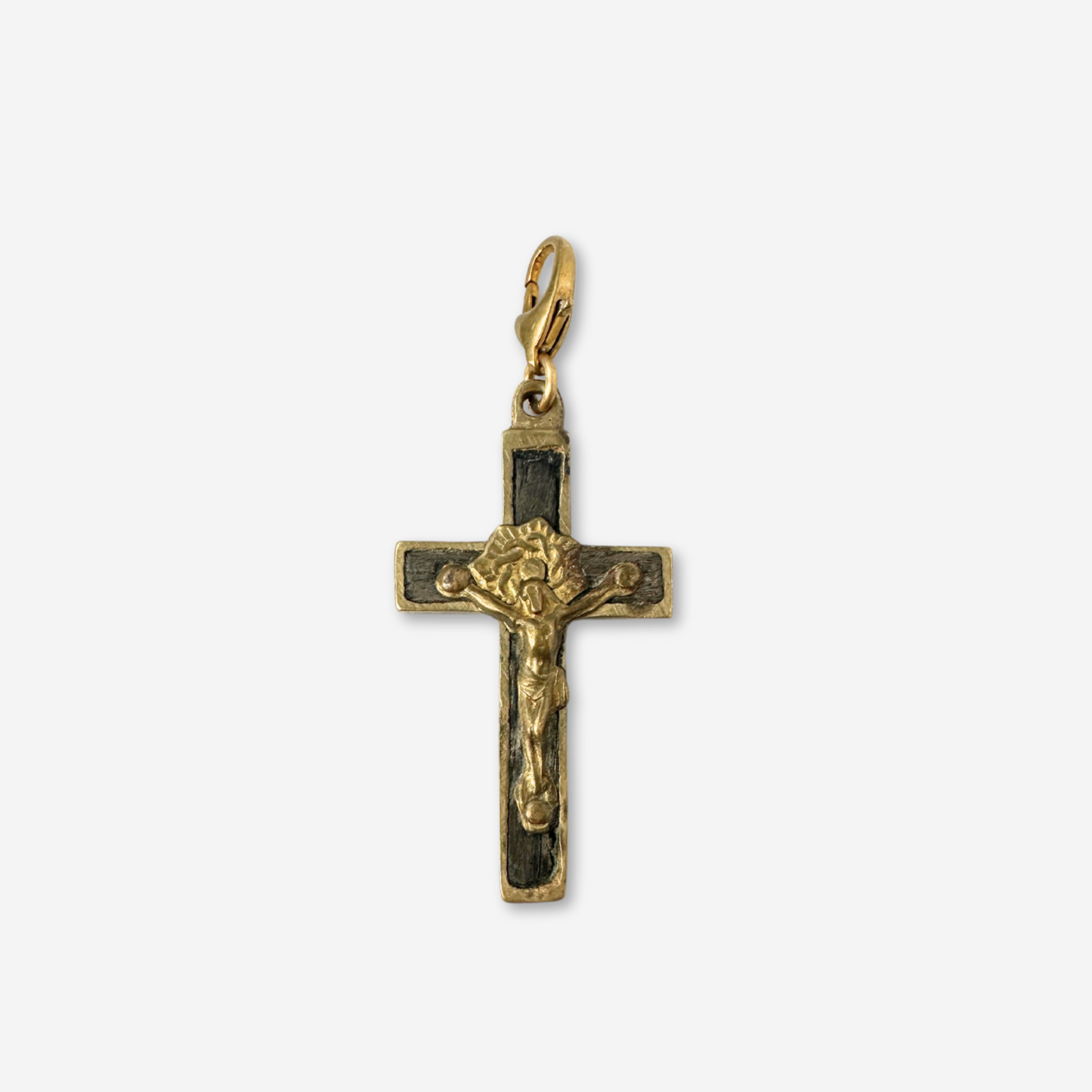 Vintage aged brass and wood crucifix cross charm