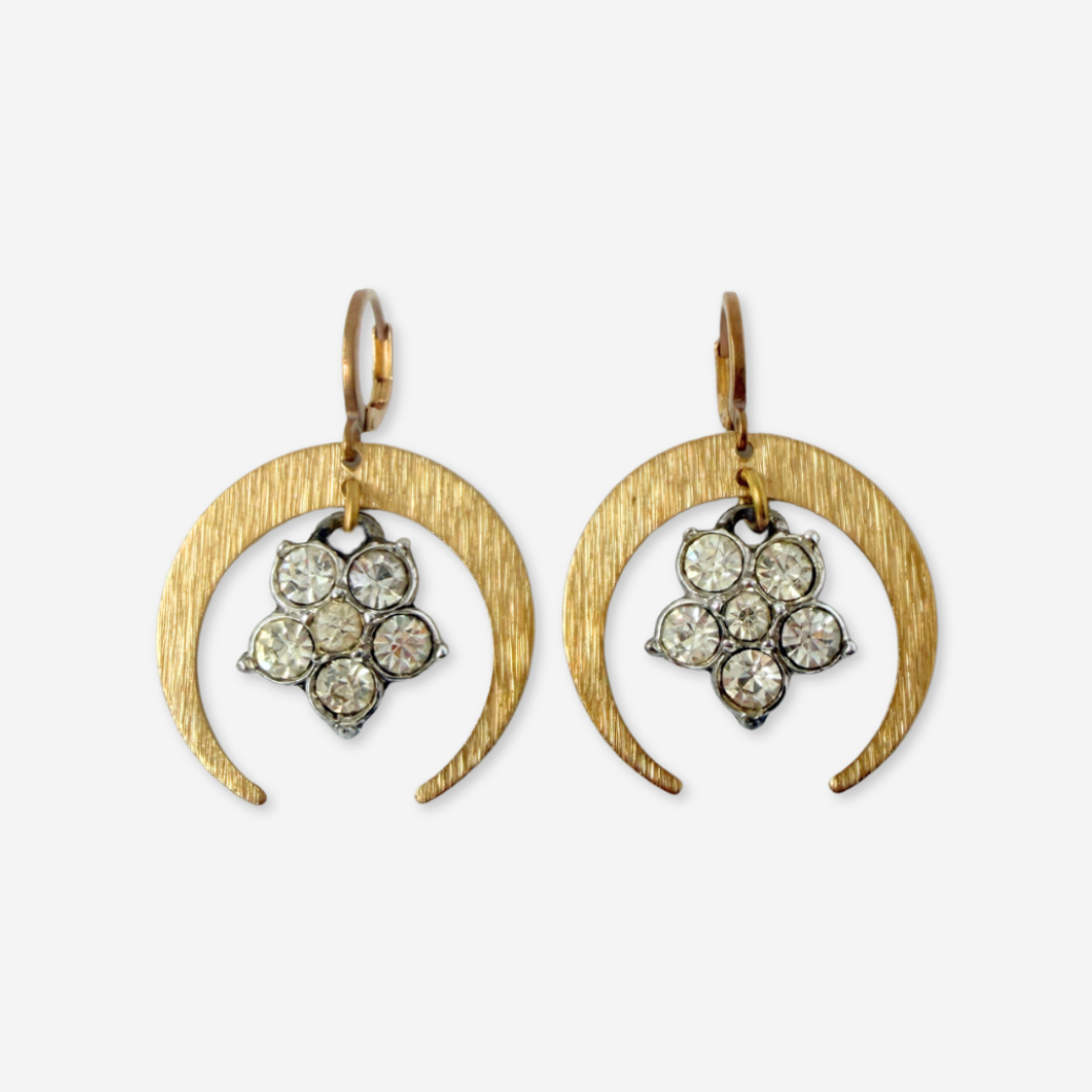 Brass crescent hoop earrings with vintage clear rhinestone flower drops