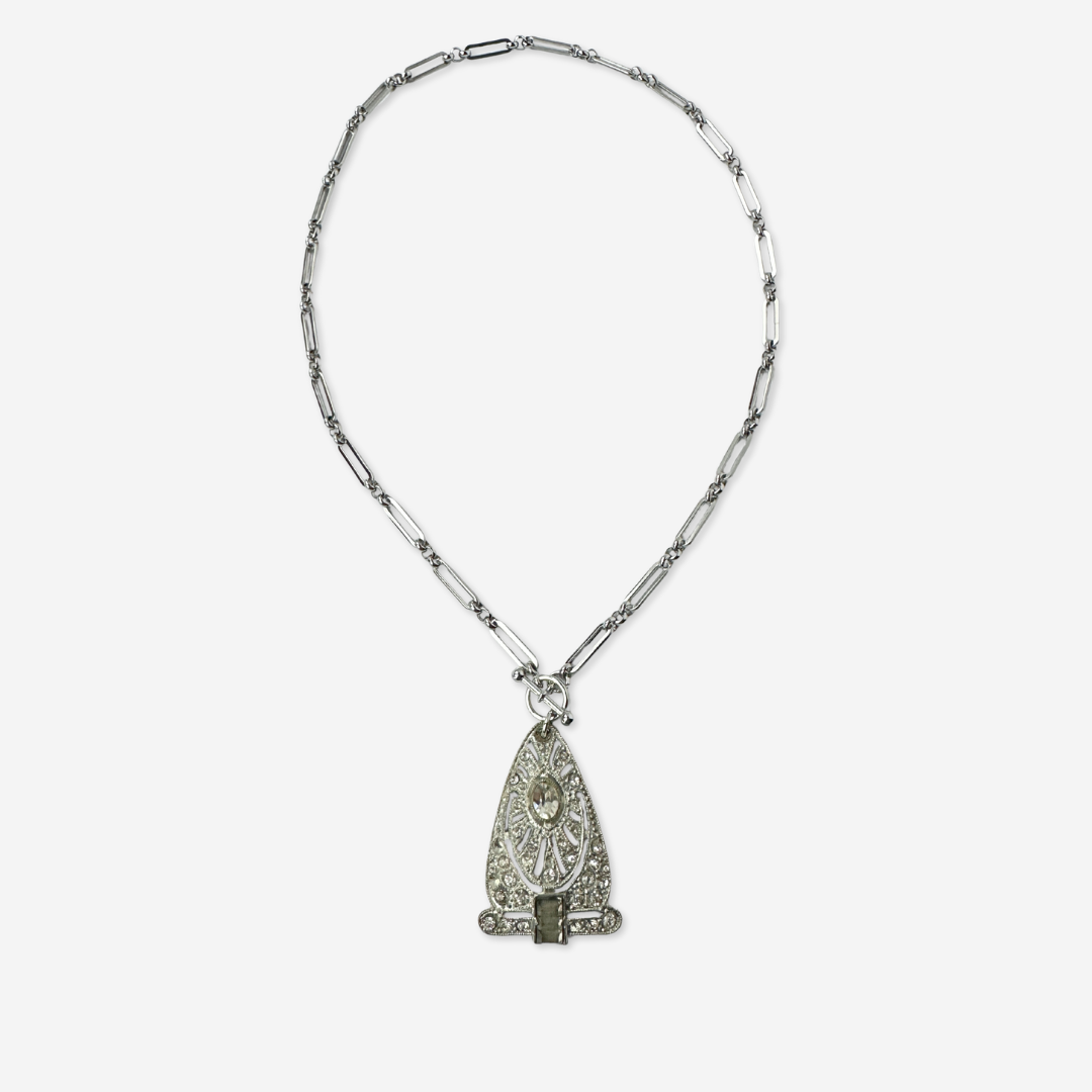 Vintage clear rhinestone deco pendant with silver plated oval link chain