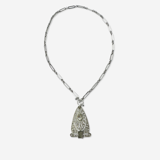 Vintage clear rhinestone deco pendant with silver plated oval link chain