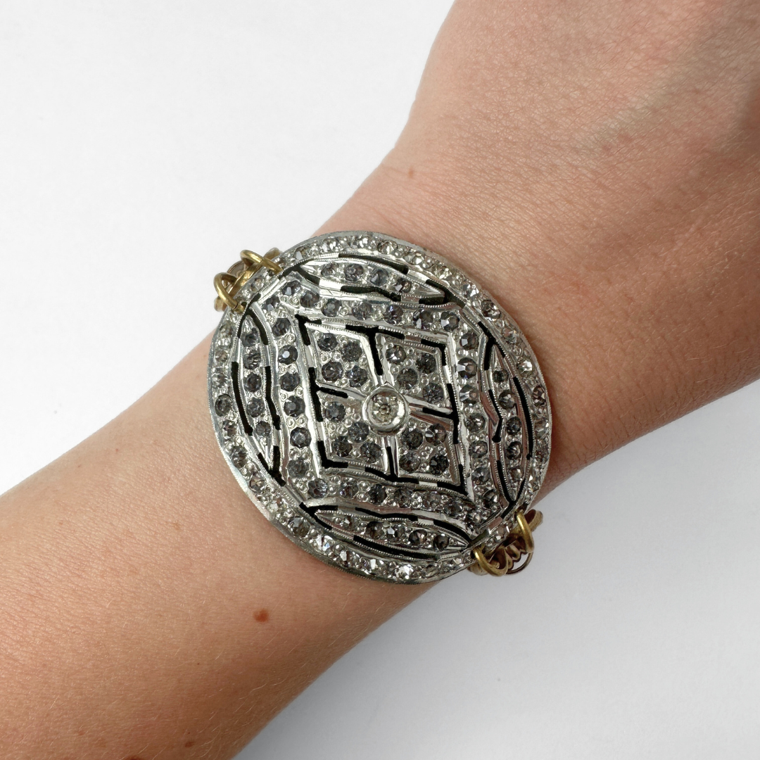 Refashioned Antique Rhinestone oval Shoe Buckle bracelet with brass chain