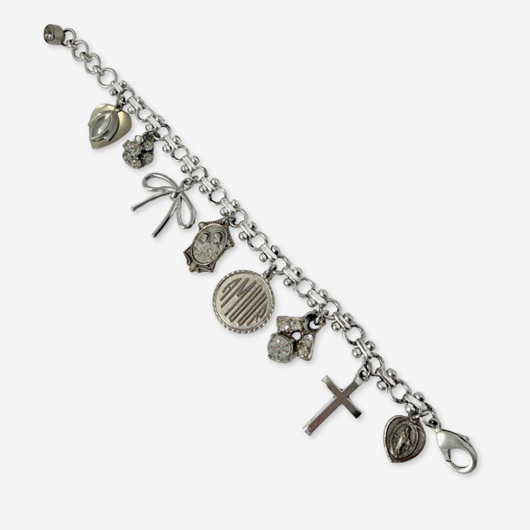 Repurposed vintage mixed silver religious charm bracelet