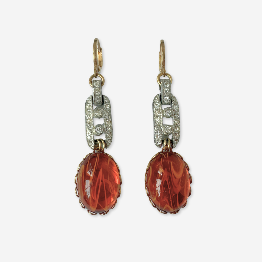 Refashioned vintage swirled amber oval and rhinestone link earrings
