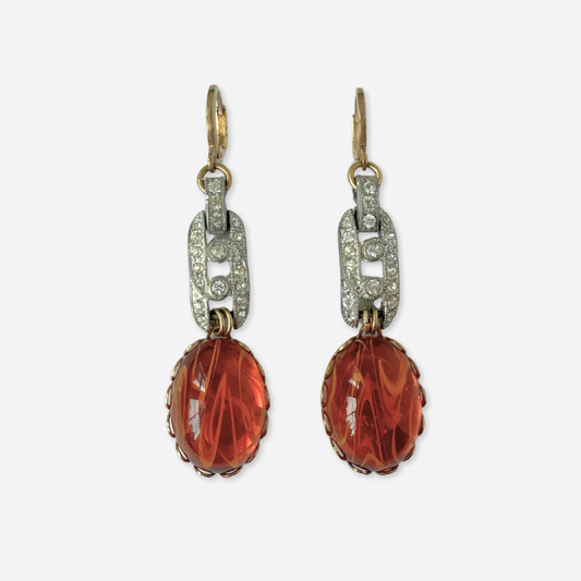 Refashioned vintage swirled amber oval and rhinestone link earrings