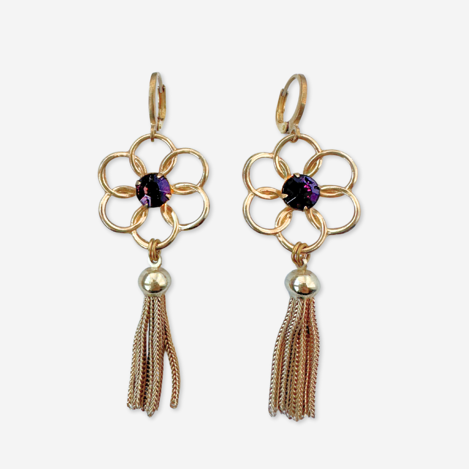 Vintage gold flower and purple rhinestone tassel earrings
