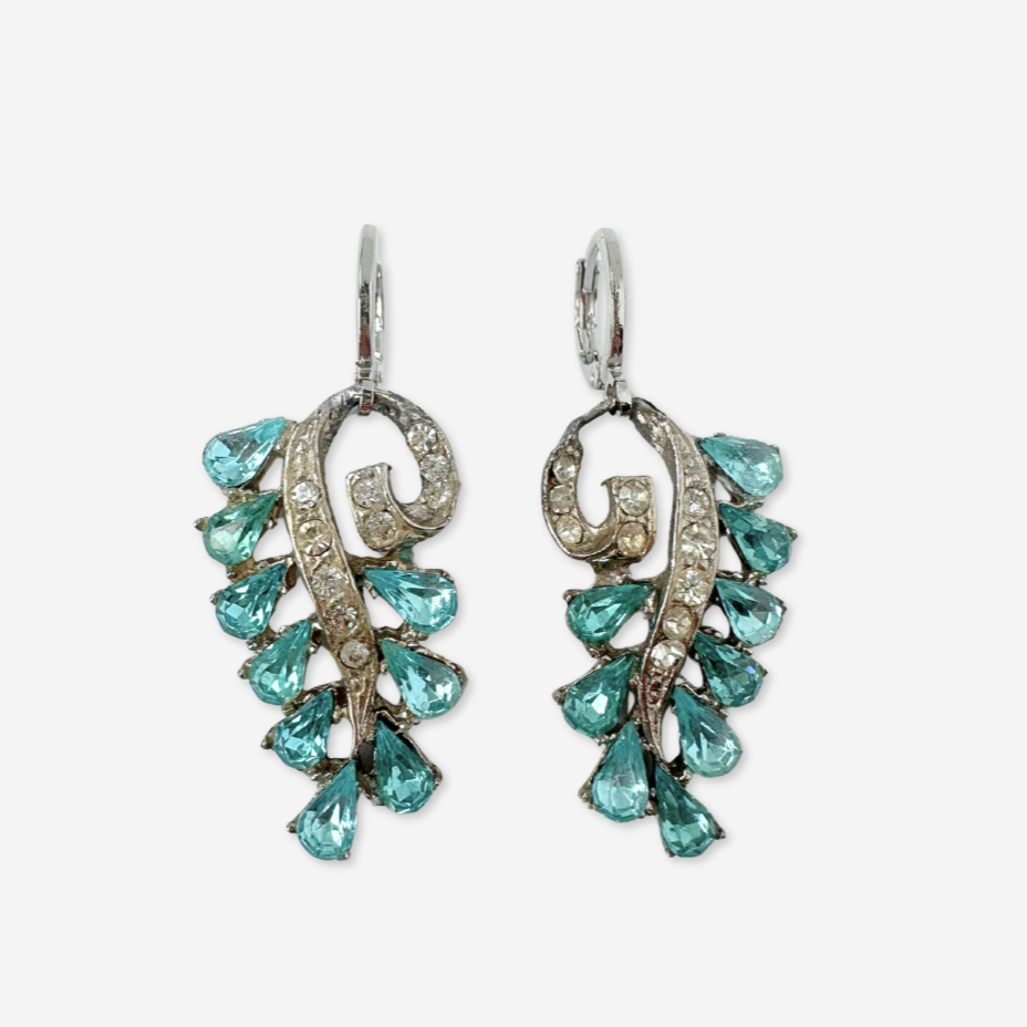 Refashioned vintage silver and aqua blue rhinestone drop earrings