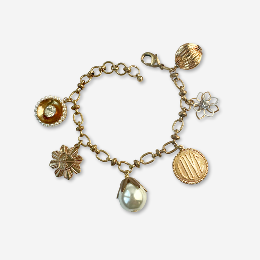 Repurposed vintage pearl and brass larger charm bracelet