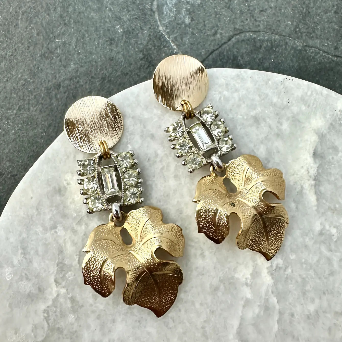 Refashioned vintage clear rhinestone Bogoff link earrings with vintage leaf drops