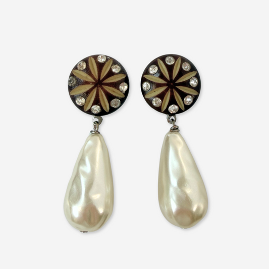 Refashioned vintage carved button and oversized pearl drop earrings