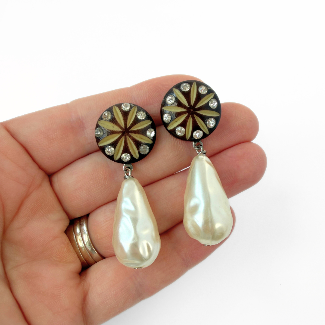 Refashioned vintage carved button and oversized pearl drop earrings