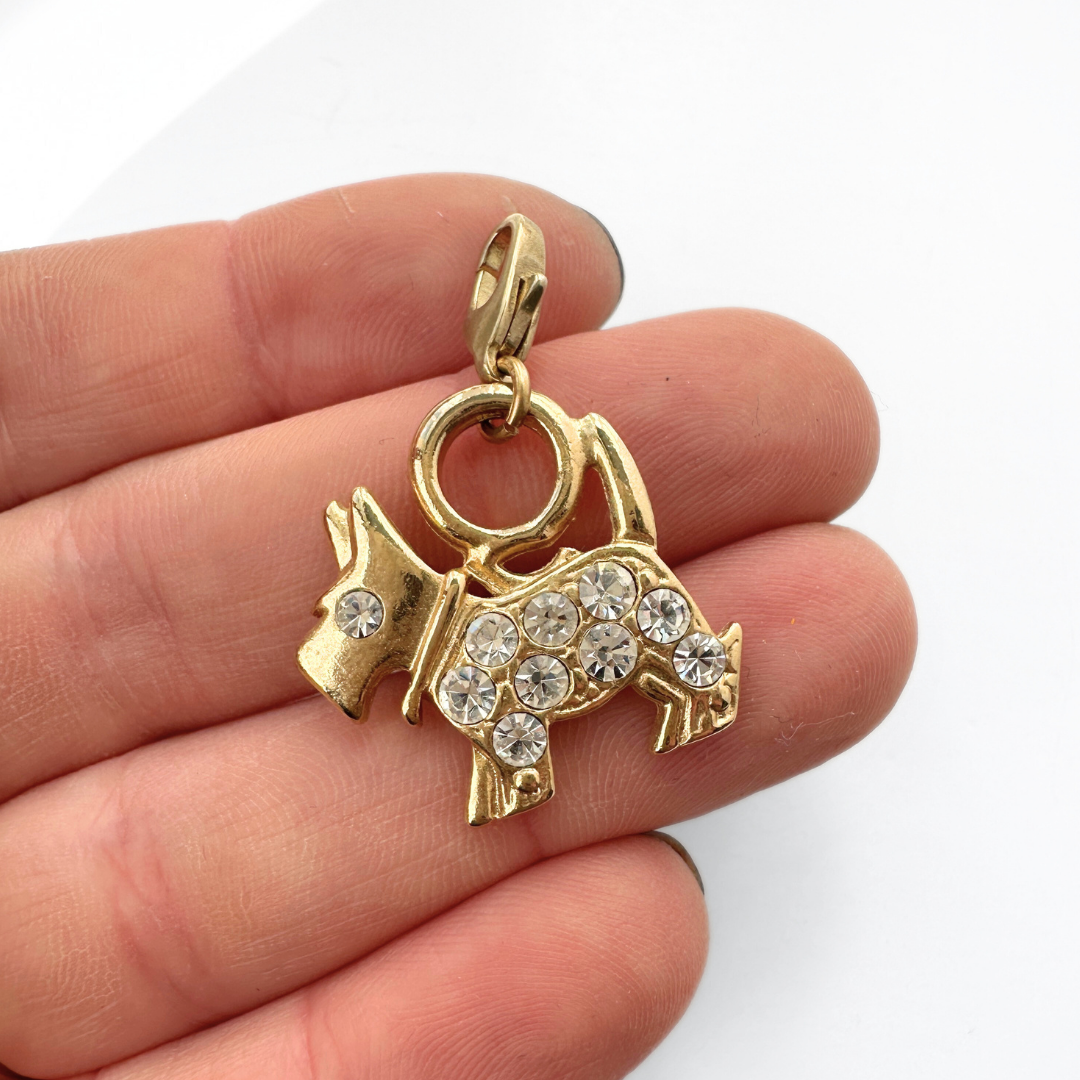 Vintage gold plated and clear rhinestone scottie dog charm