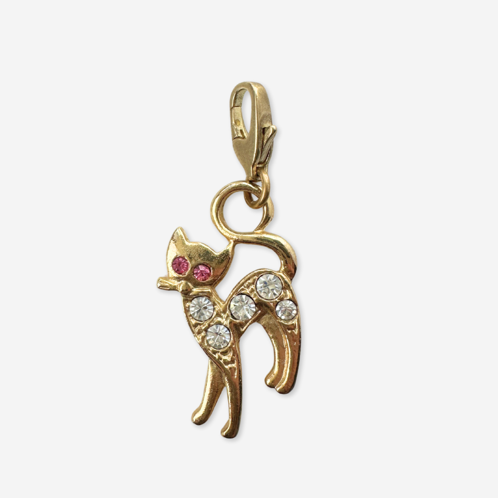 Vintage gold plated and rhinestone cat charm