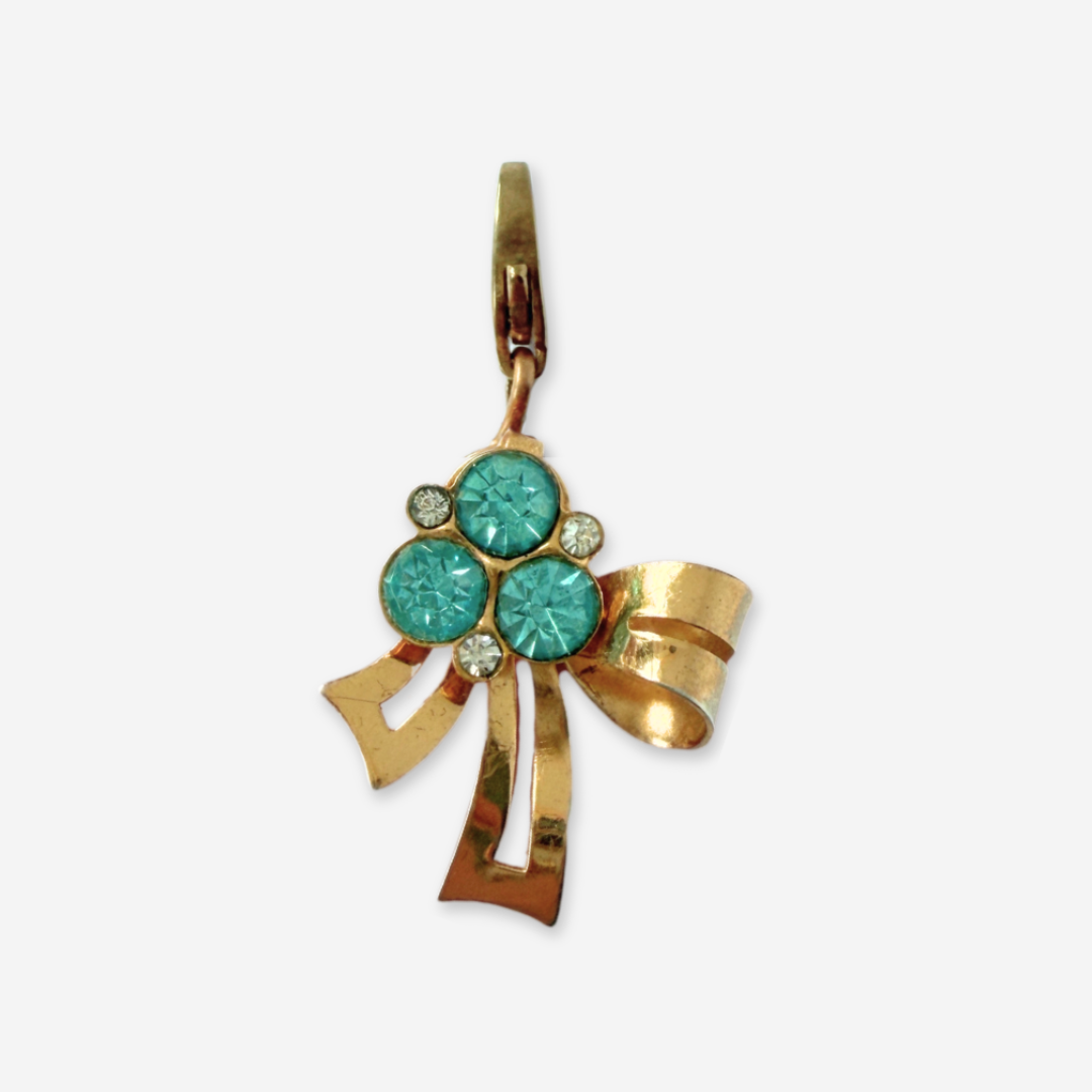 Refashioned vintage gold tone and aqua rhinestone bow charm