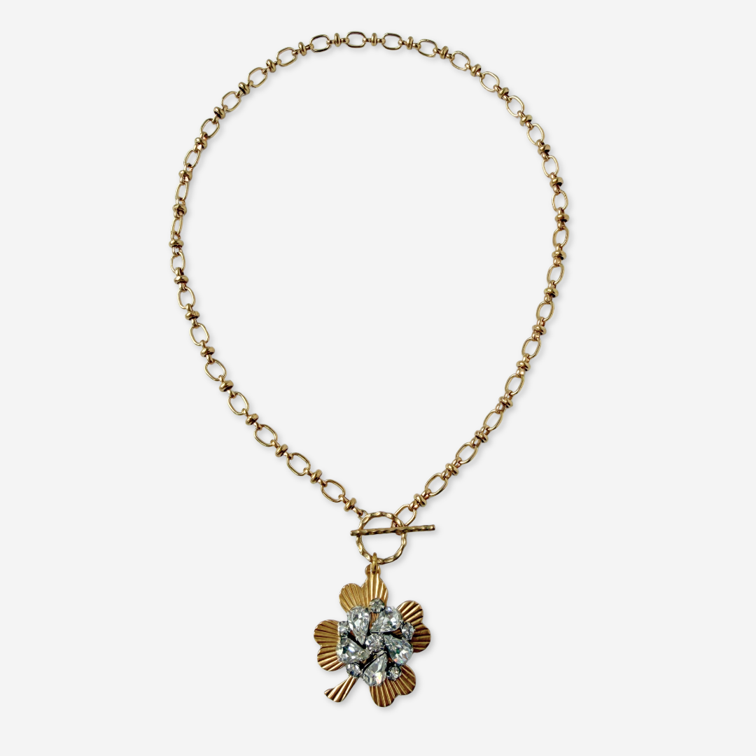 Large solid brass four leaf clover pendant with vintage clear rhinestone embellishment